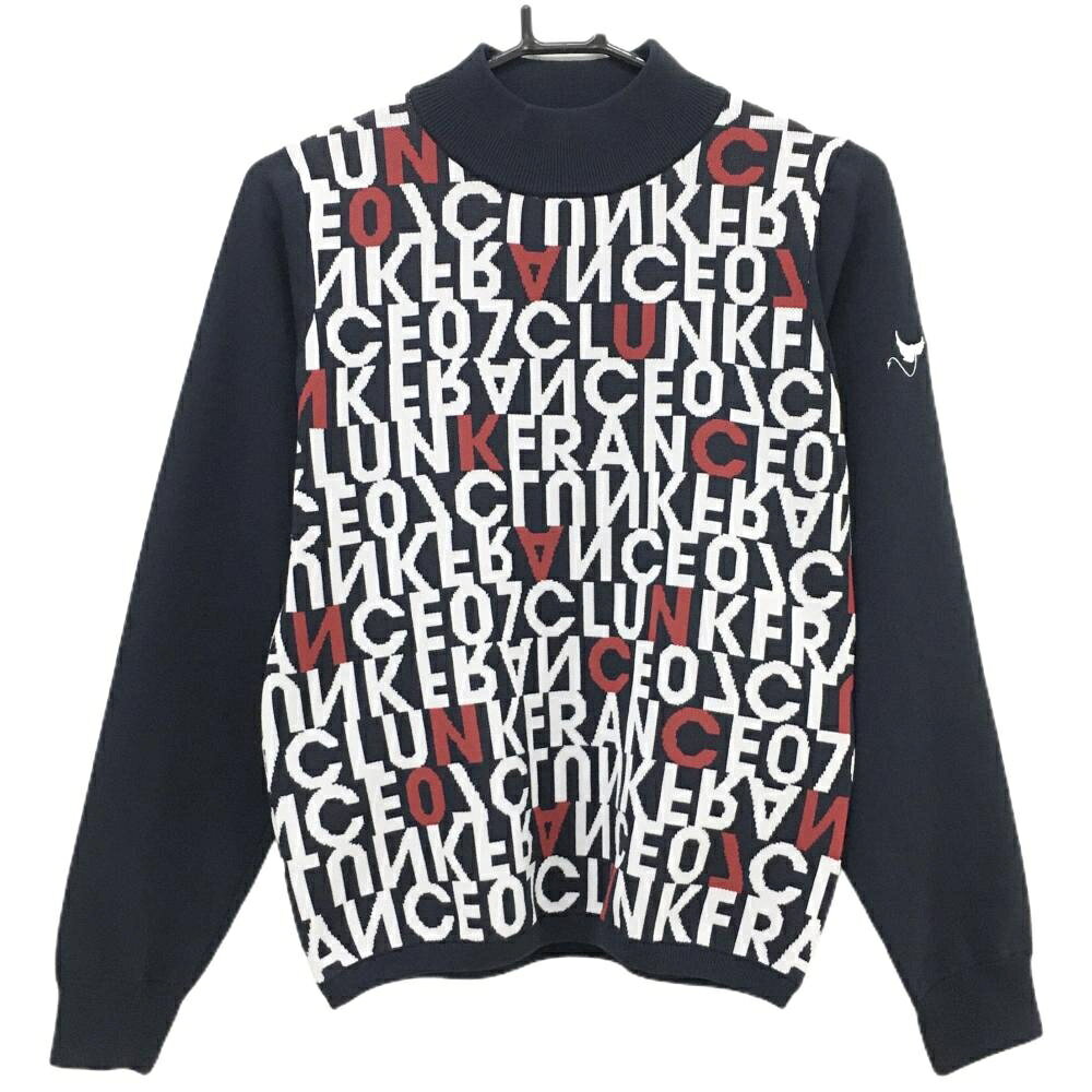 【新品】クランク ハイネックセーター ネイビー×白 身頃ロゴ総柄 ニット ストレッチ 軽量 レディース M ゴルフウェア CLUNK
