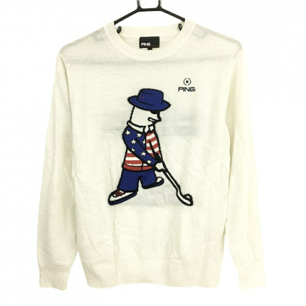 [クーポン対象品]【美品】ピン セーター 白×ブルー 前面Mr.PING バックロゴ ニット メンズ M ゴルフウェア PING