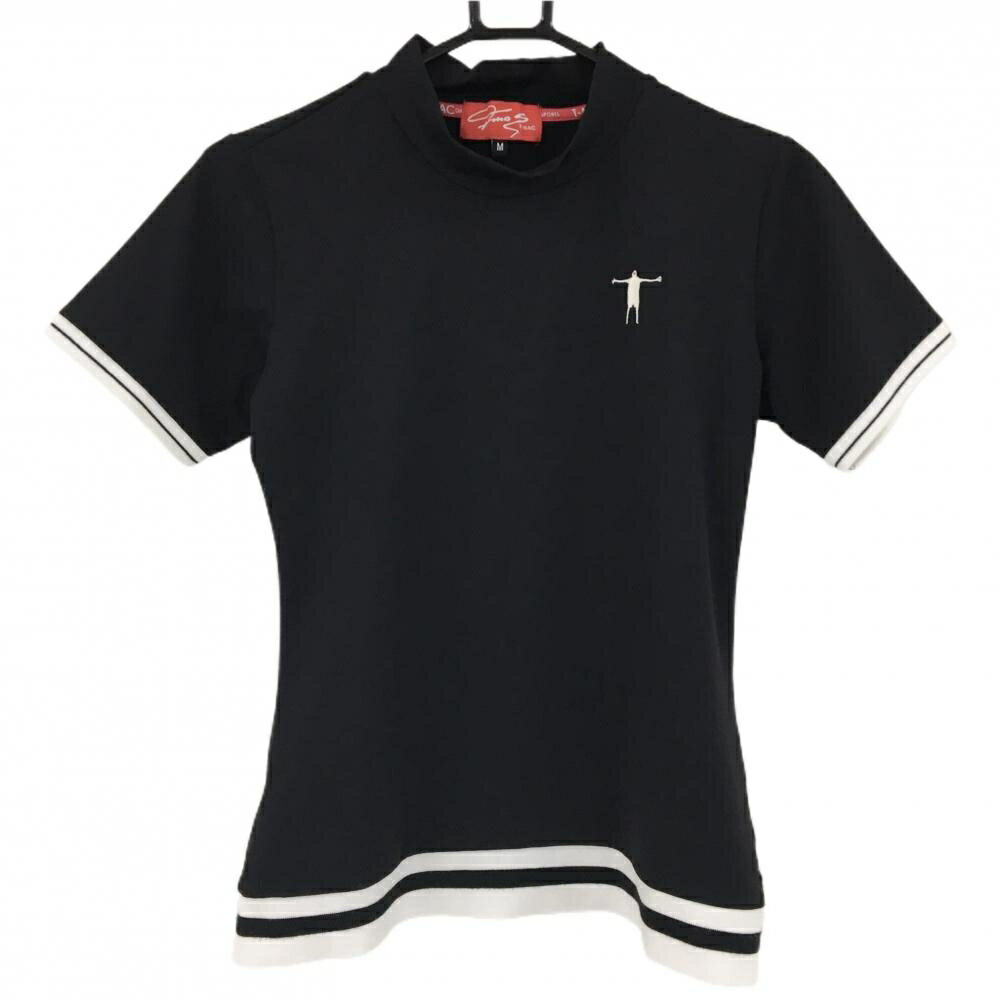 【美品】ティーマック 半袖ハイネックシャツ 黒×白 背面英字刺しゅう リブライン レディース M ゴルフウェア T-MAC