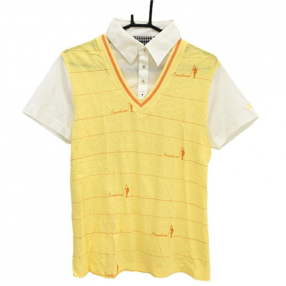 【美品】ラッセルノ 半袖ポロシャツ イエロー×白 重ね着風 メンズ 5(L) ゴルフウェア RUSSELUNO