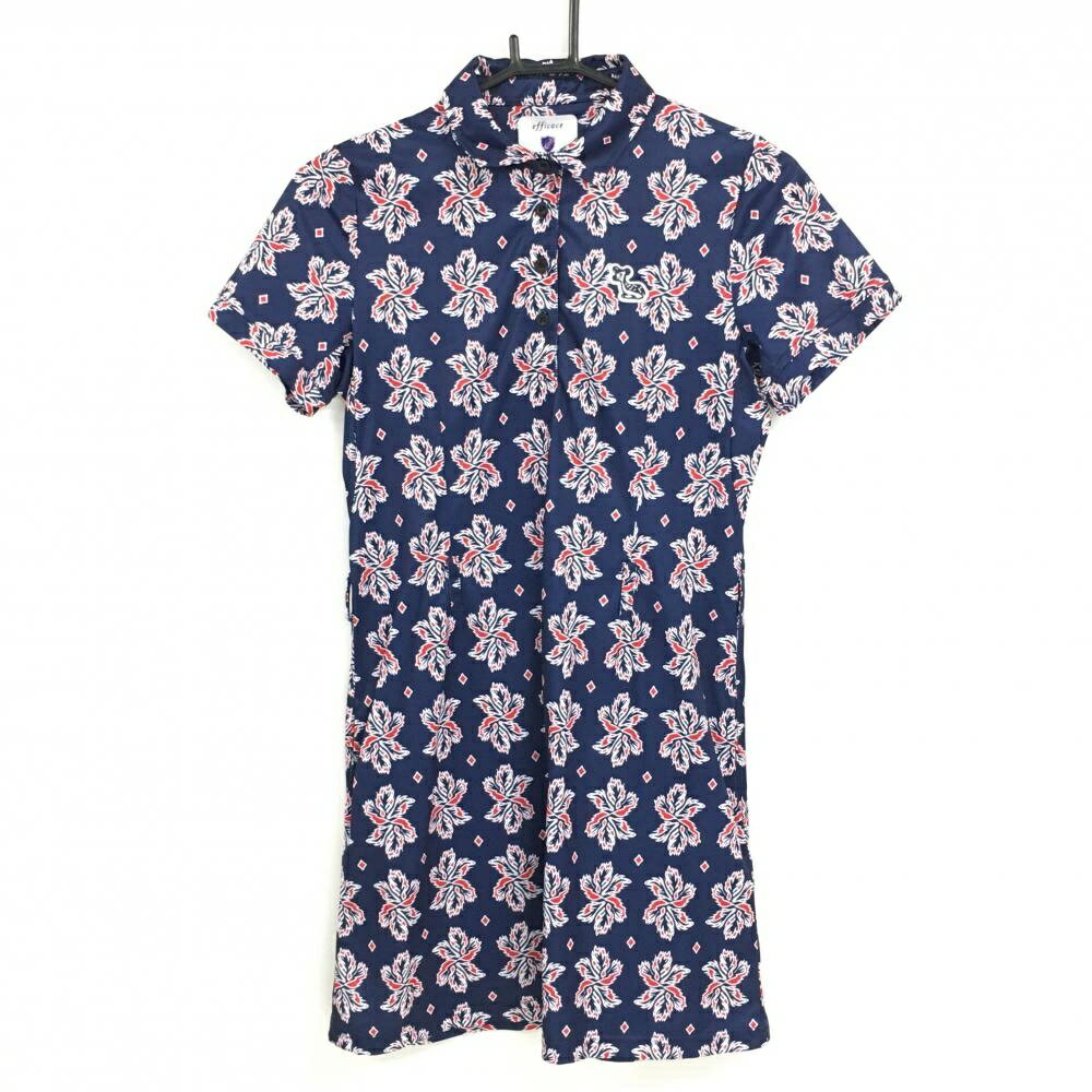 【美品】エフィカス 半袖ポロワンピース ネイビー×レッド 総柄 レディース 2(M) ゴルフウェア efficace