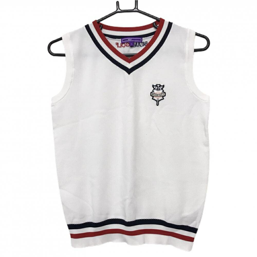 ビームスゴルフ ニットベスト 白×ネイビー×レッド ネックトリコロール Vネック レディース L ゴルフウェア BEAMS GOLF