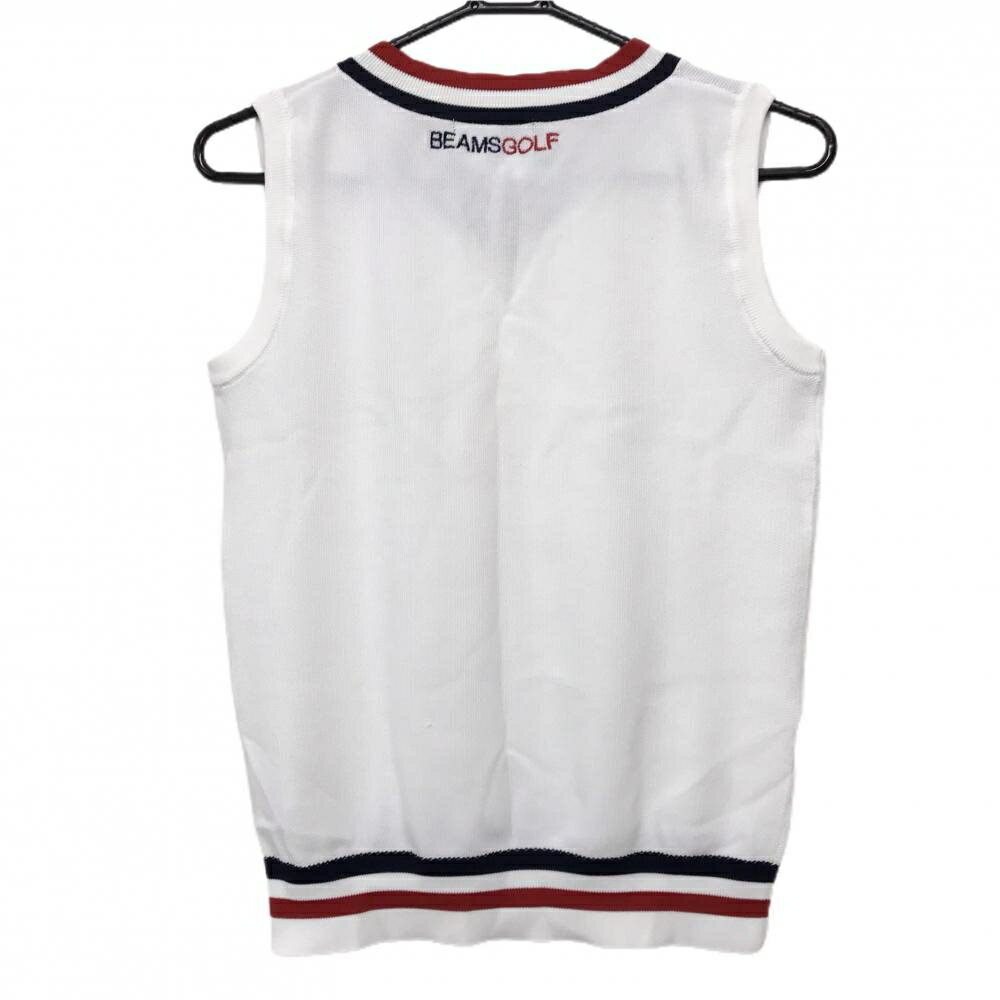 ビームスゴルフ ニットベスト 白×ネイビー×レッド ネックトリコロール Vネック レディース L ゴルフウェア BEAMS GOLF