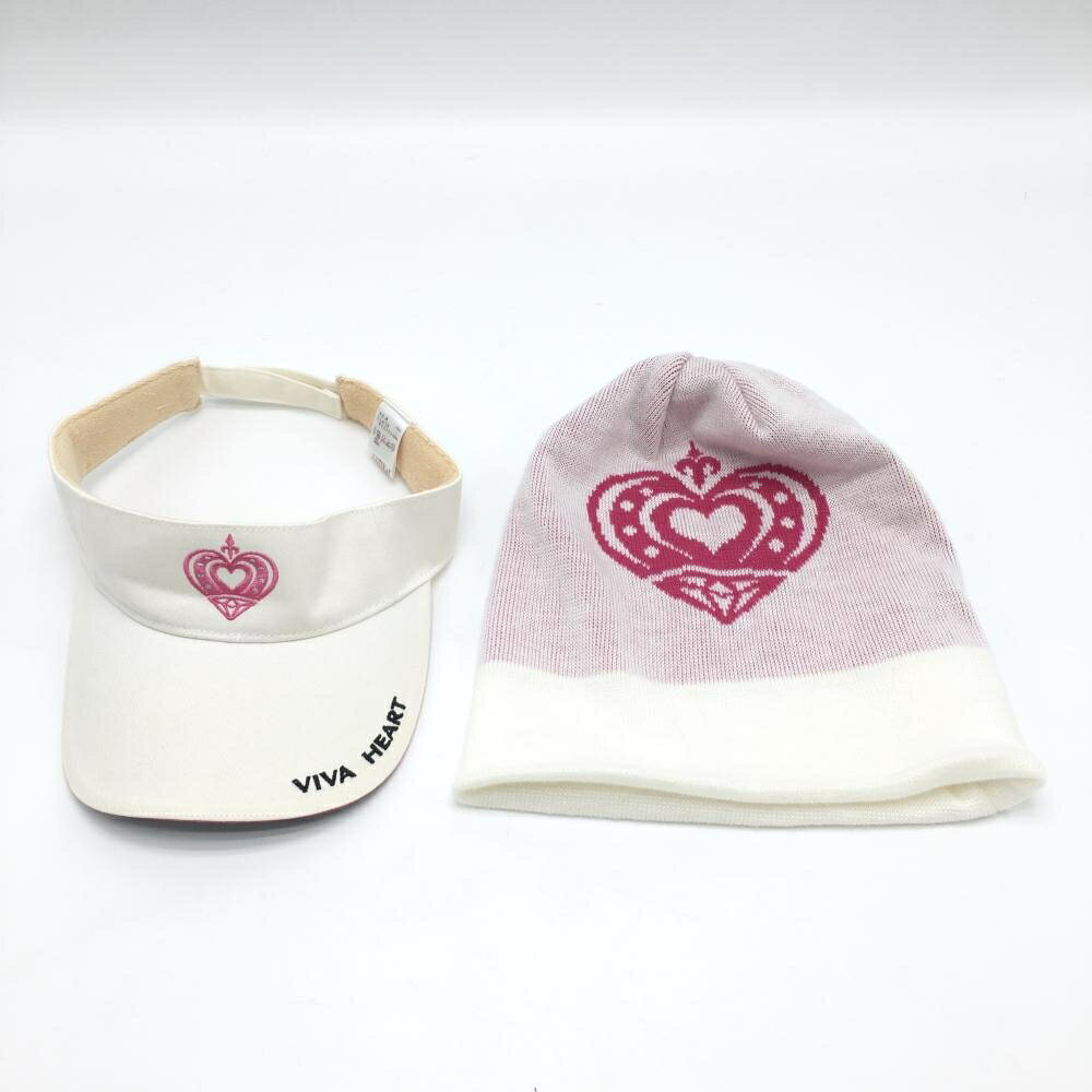 【美品】ビバハート 3WAYサンバイザー 白×ピンク ニット部 ロゴ刺しゅう レディー...