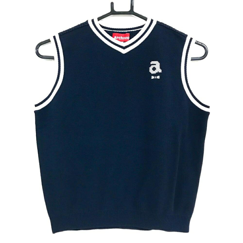 【超美品】アルチビオ ニットベスト ダークネイビー×白 後ろ透かし編み 胸ロゴ レディース 38(M) ゴルフウェア 2024年モデル archivio