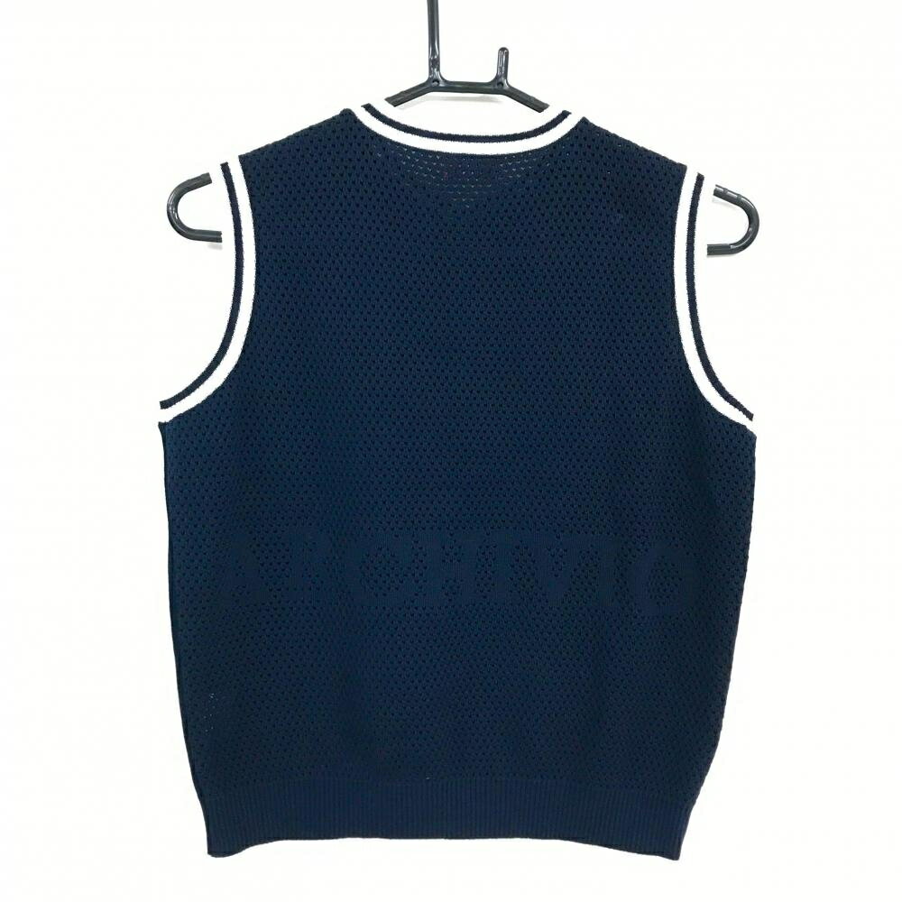 【超美品】アルチビオ ニットベスト ダークネイビー×白 後ろ透かし編み 胸ロゴ レディース 38(M) ゴルフウェア 2024年モデル archivio