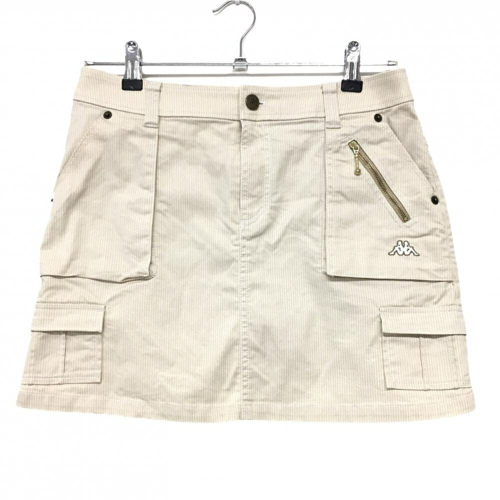 【美品】カッパ カーゴスカート ベージュ×白 細ストライプ 複数ポケット レディース 11 ゴルフウェア Kappa
