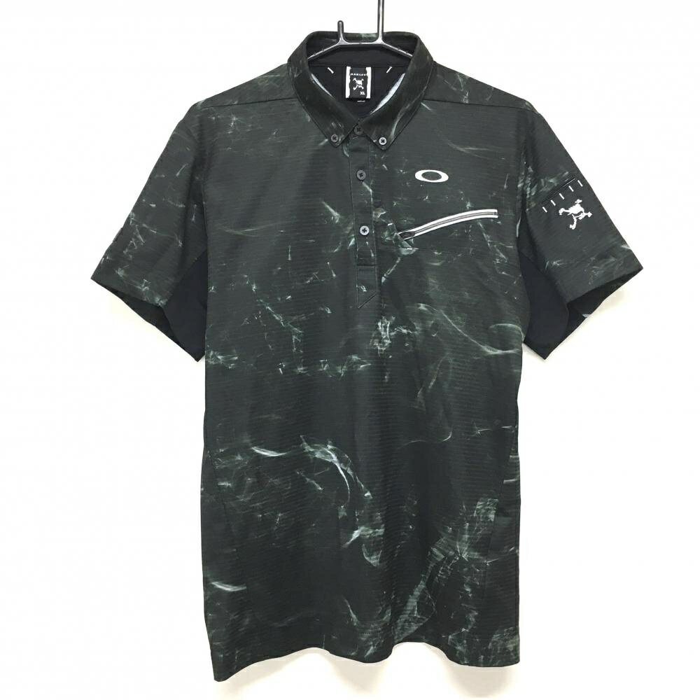 OAKLEY - 【超美品】オークリー 半袖ポロシャツ ダークグリーン×白 総柄 ロゴ刺しゅう ティー装着可 袖下切替 メンズ XL ゴルフウェア Oakley
