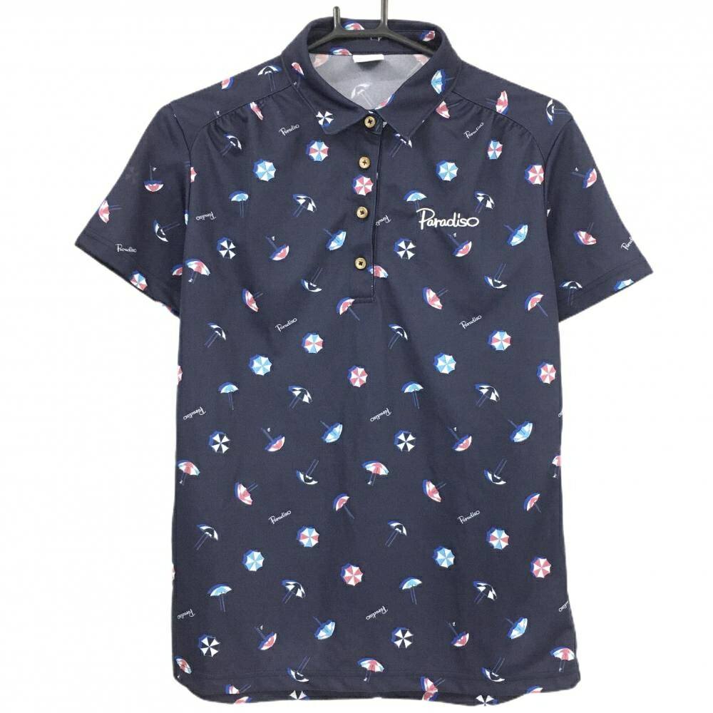 PARADISO - 【超美品】パラディーゾ 半袖ポロシャツ ネイビー×ピンク パラソル柄 ロゴ刺しゅう レディース LL ゴルフウェア Paradiso