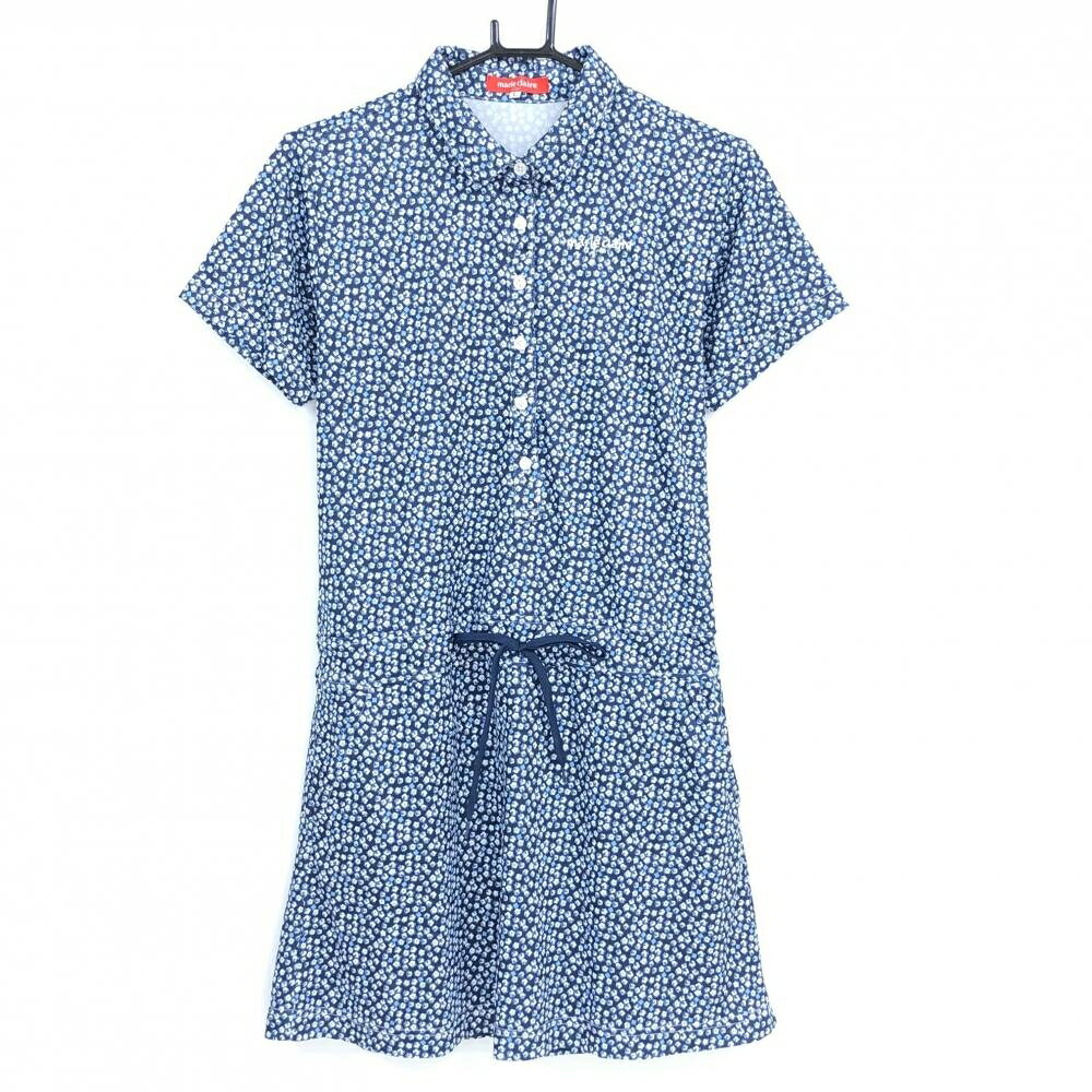 [クーポン対象品]【超美品】マリクレールスポール 半袖ポロワンピース ネイビー×白 小花柄 ロゴ刺しゅう レディース L ゴルフウェア marie claire