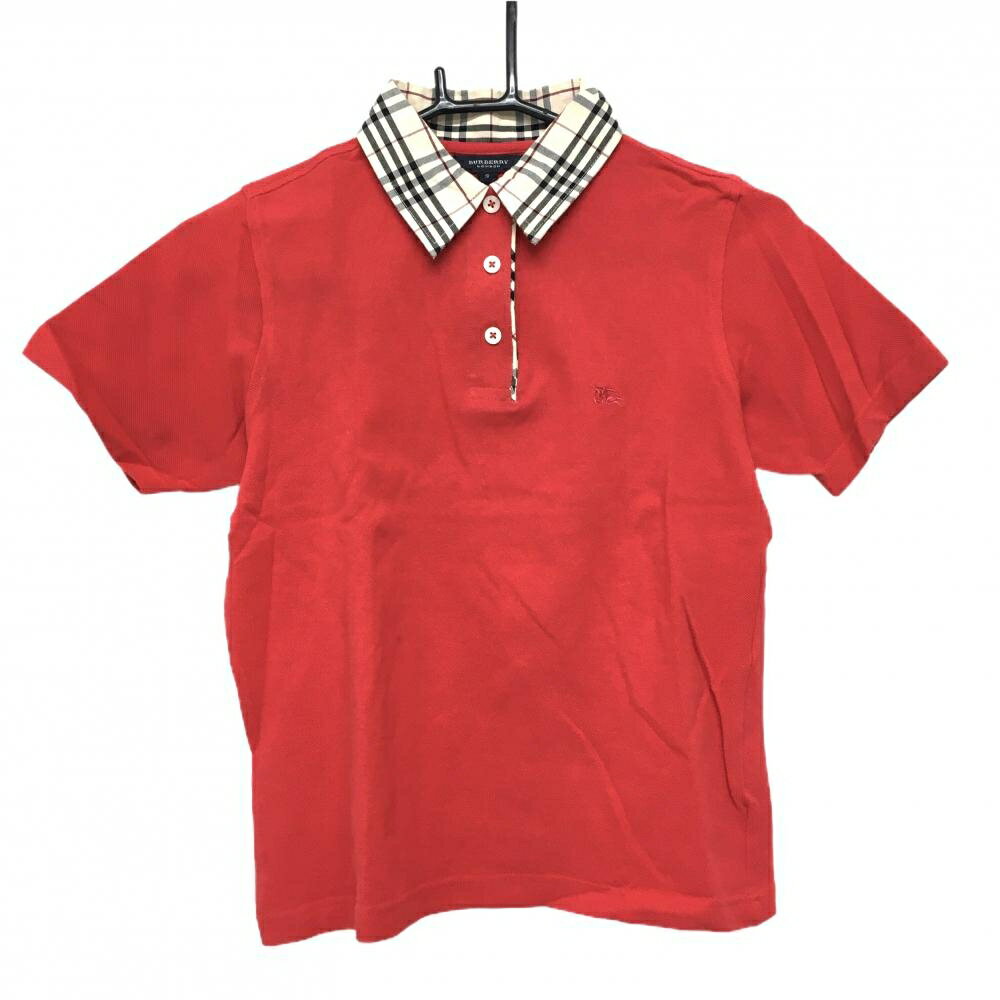 BURBERRY Golf - バーバリー 半袖ポロシャツ レッド×ベージュ 襟チェック レディース S ゴルフウェア BURBERRY GOLF
