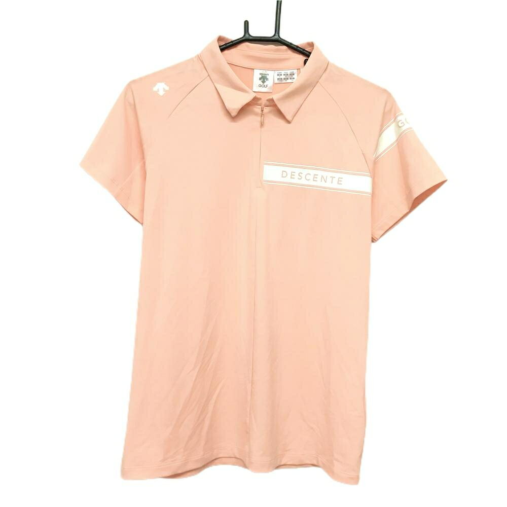 【美品】デサントゴルフ 半袖ポロシャツ ライトオレンジ×白 ハーフジップ 中田英寿 レディース O(XL) ゴルフウェア DESCENTE