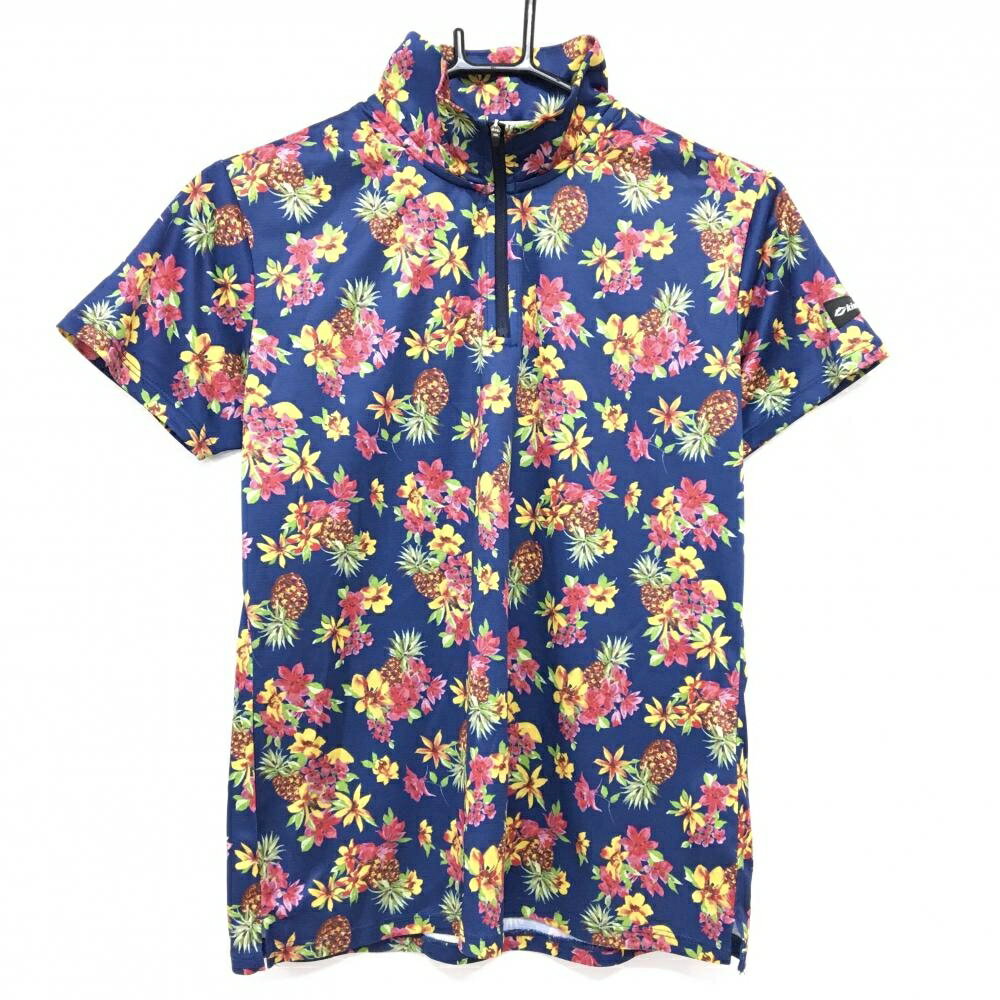 【超美品】キスマーク 半袖ハイネックシャツ ネイビー×イエロー×ピンク ハーフジップ 花柄 レディース L ゴルフウェア kissmark(4.0)