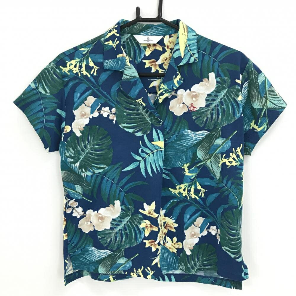 Musingwear - 【美品】マンシングウェア 半袖スキッパーシャツ ネイビー×グリーン系×ライトイエロー 総柄 レディース M ゴルフウェア Munsingwear