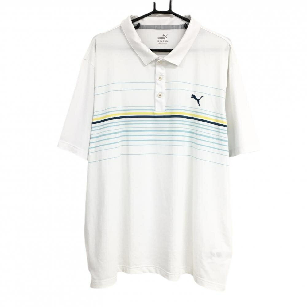 PUMA - [クーポン対象品]プーマ 半袖ポロシャツ 白×ライトブルー 一部ボーダー ロゴ メンズ US-XXL ゴルフウェア 大きいサイズ PUMA