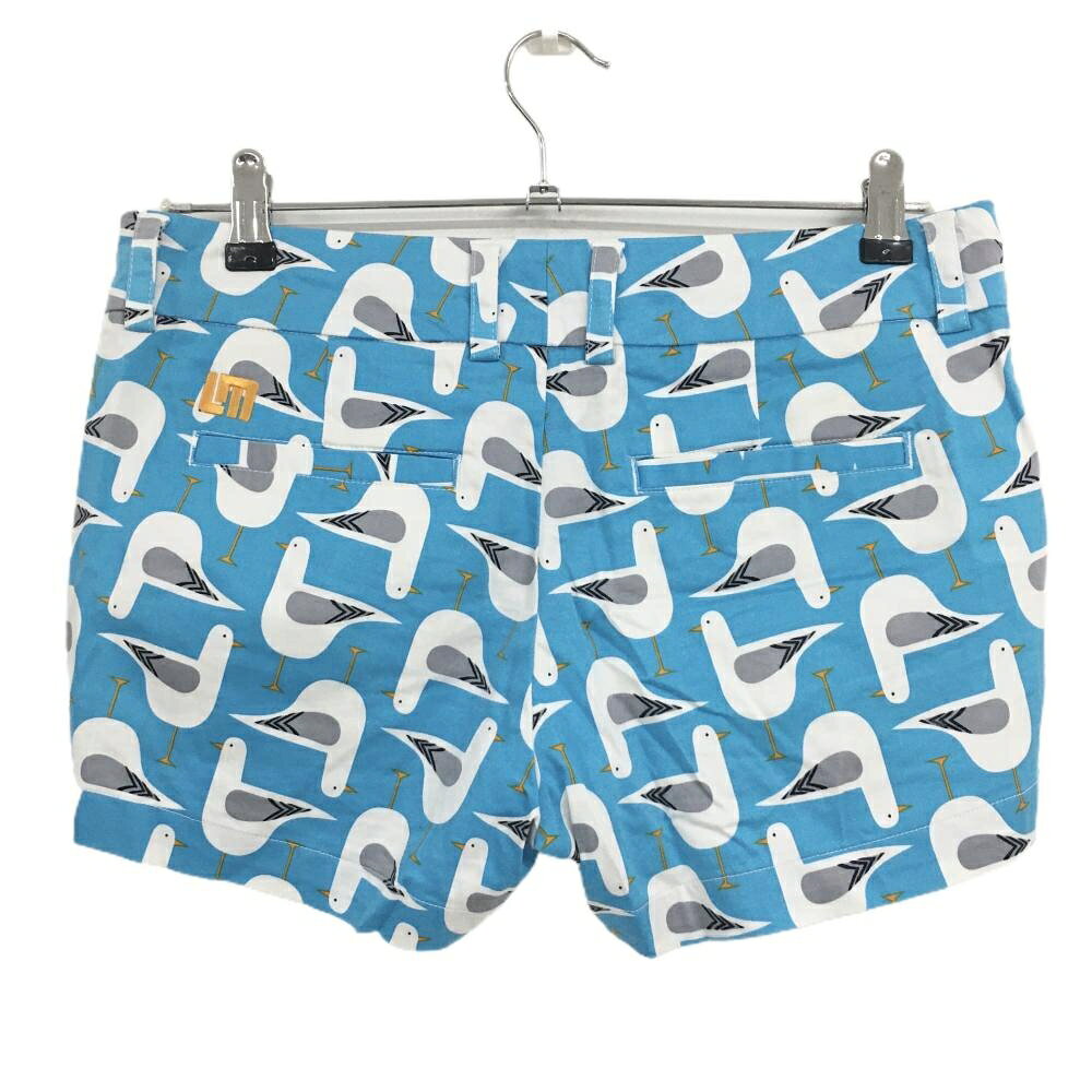 【美品】ラウドマウス ショートパンツ ライトブルー×白 鳥総柄 ロゴ刺しゅう レディース US-4(XL) ゴルフウェア LOUDMOUTH