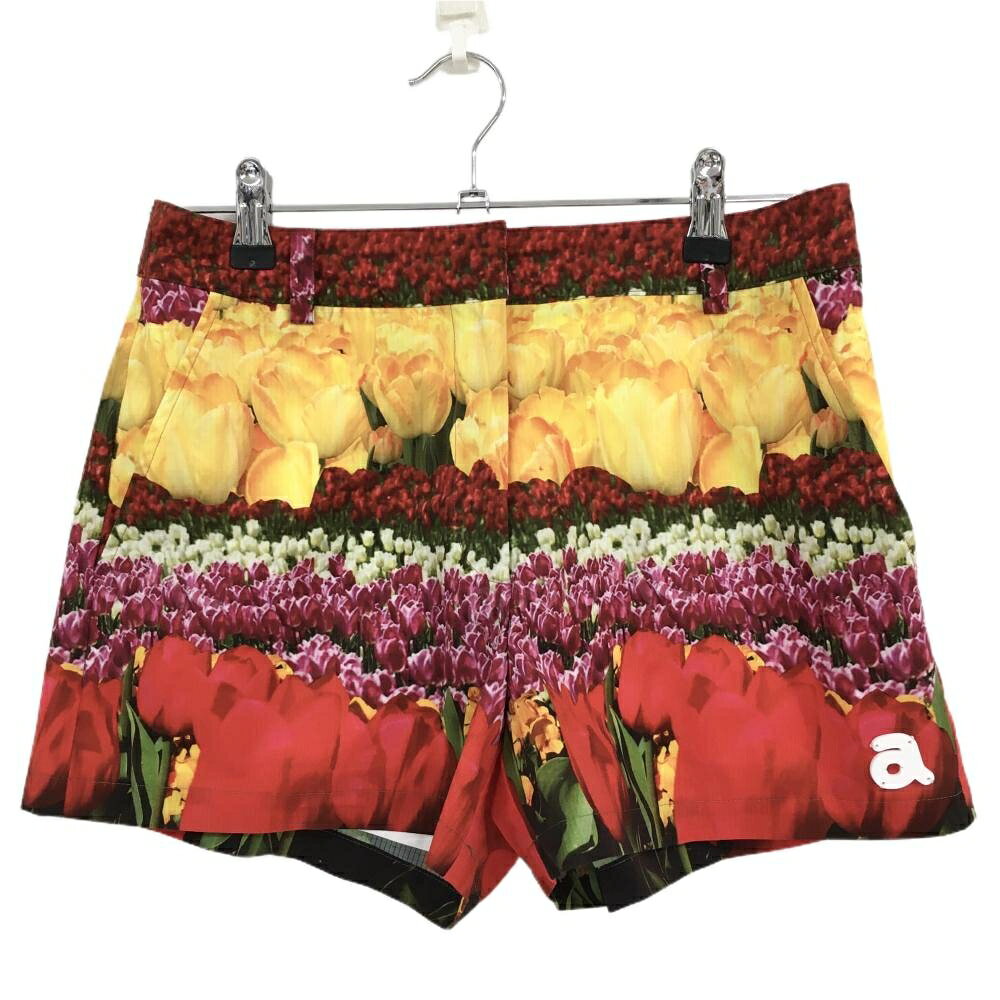【超美品】アルチビオ ショートパンツ レッド×イエロー×グリーン チューリップ総柄 裏地付き レディース 38(M) ゴルフウェア archivio