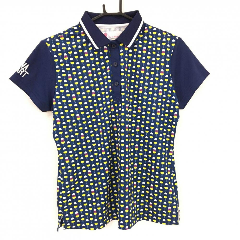 VIVA HEART - [クーポン対象品]【超美品】ビバハート 半袖ポロシャツ ネイビー×白 身頃総柄 袖ロゴ刺しゅう レディース 42(L) ゴルフウェア VIVA HEART