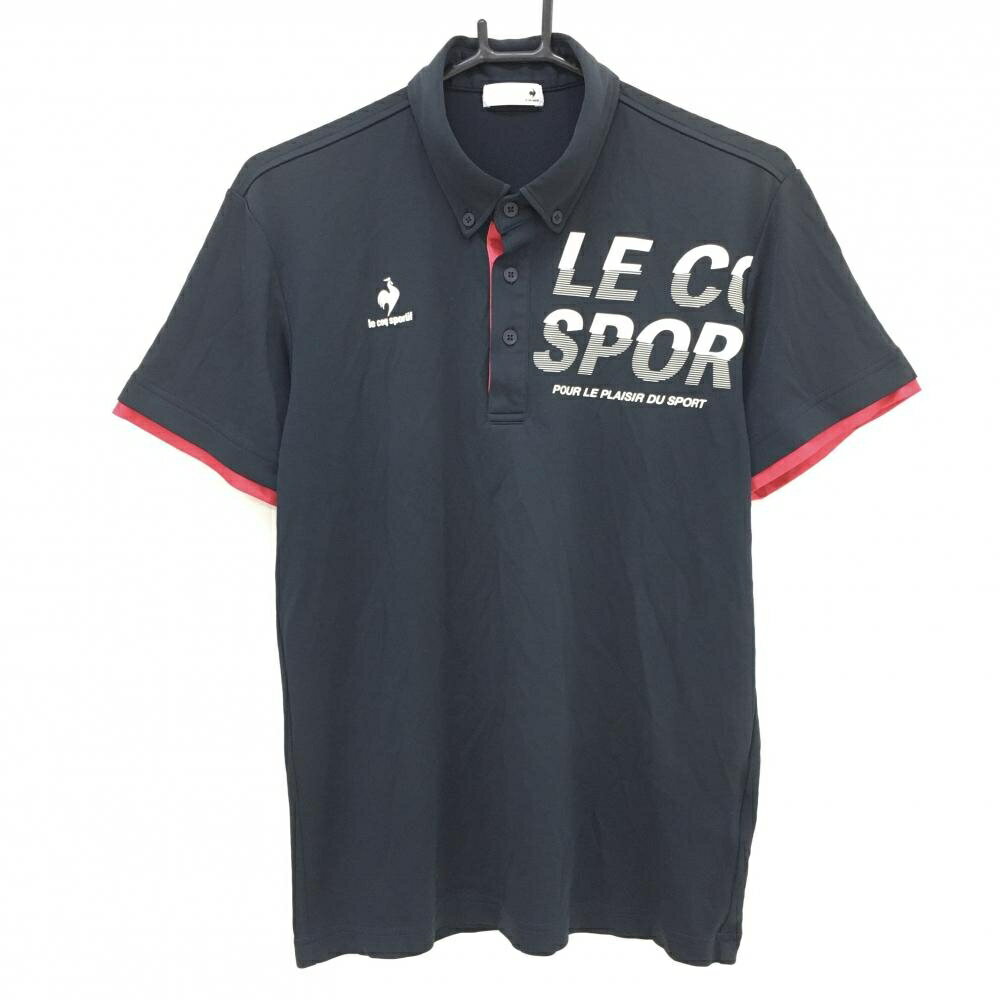 ルコックゴルフ 半袖ポロシャツ ダークネイビー×白 ボタンダウン ロゴプリント メンズ L ゴルフウェア le coq sportif