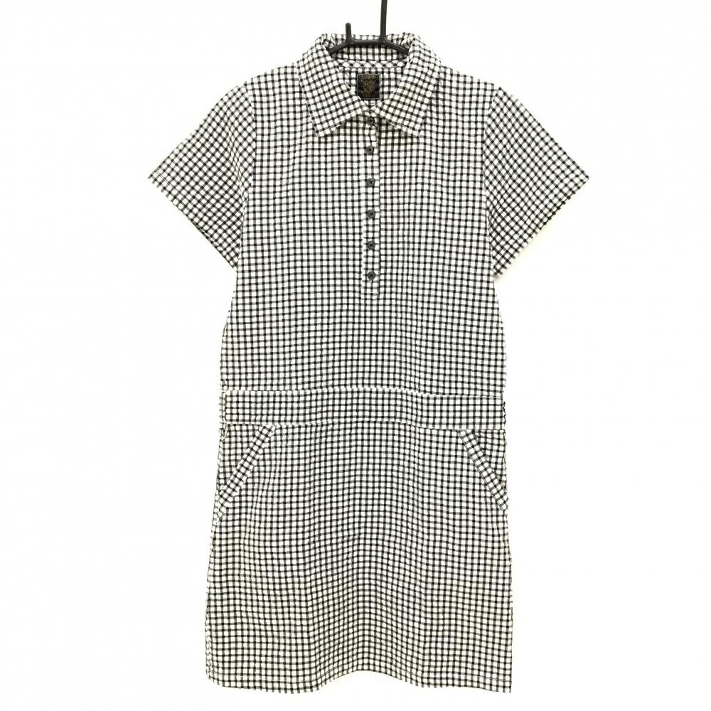 【新品】エドウィンゴルフ 半袖ポロワンピース 白×黒 ギンガムチェック サッカー生地 レディース L ゴルフウェア EDWIN GOLF