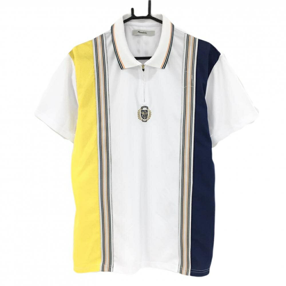 TAKEO KIKUCHI SPORT - [クーポン対象品]ラッセルノ 半袖ポロシャツ 白×ネイビー×イエロー 一部ストライプ ルチャマスク ハーフジップ メンズ 6(XL) ゴルフウェア RUSSELUNO