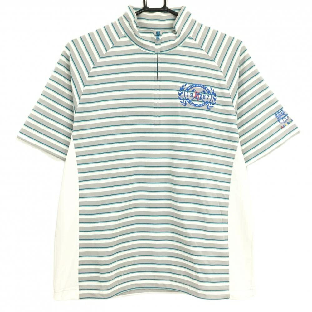 Adabat - アダバット 半袖ハイネックシャツ グレー×白 ボーダー ハーフジップ メンズ 48(L) ゴルフウェア adabat