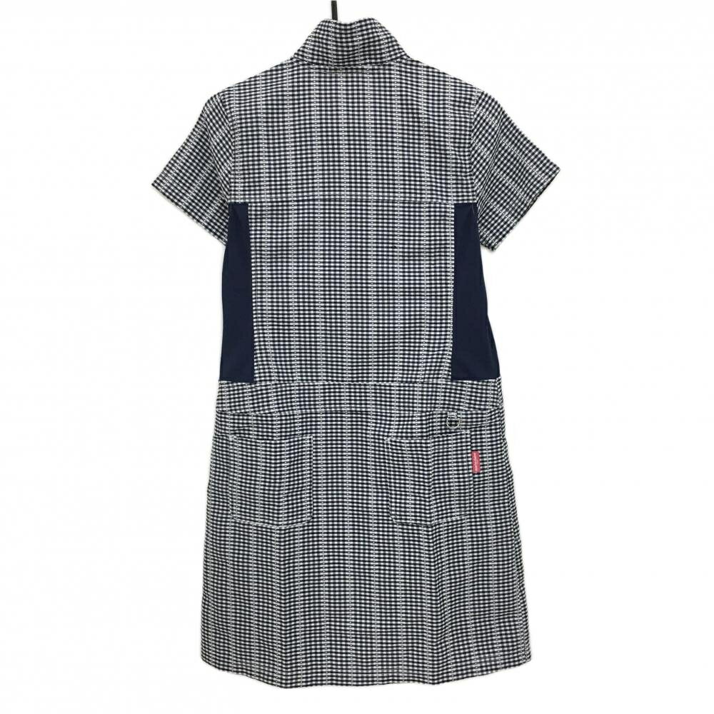 [クーポン対象品]【超美品】マリクレールスポール 半袖ハイネックワンピース 白×ネイビー チェック柄 レディース M ゴルフウェア marie claire