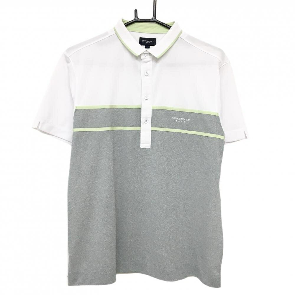BURBERRY Golf - 【美品】バーバリーゴルフ 半袖ポロシャツ 白×グレー×ライトグリーン 胸元ライン メンズ L ゴルフウェア BURBERRY GOLF