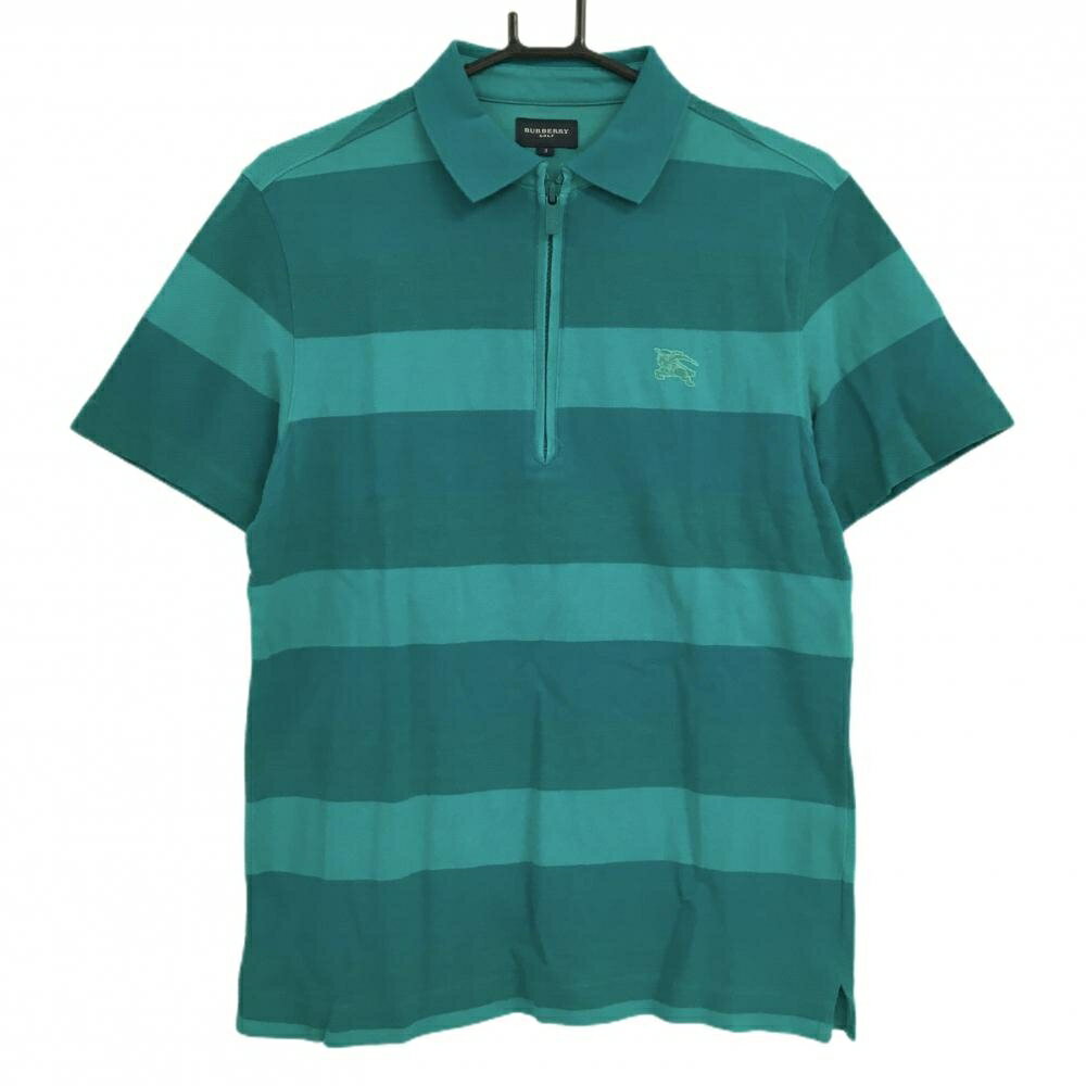 BURBERRY Golf - バーバリーゴルフ 半袖ポロシャツ ブルーグリーン系 太ボーダー ハーフジップ メンズ 3(L) ゴルフウェア BURBERRY GOLF