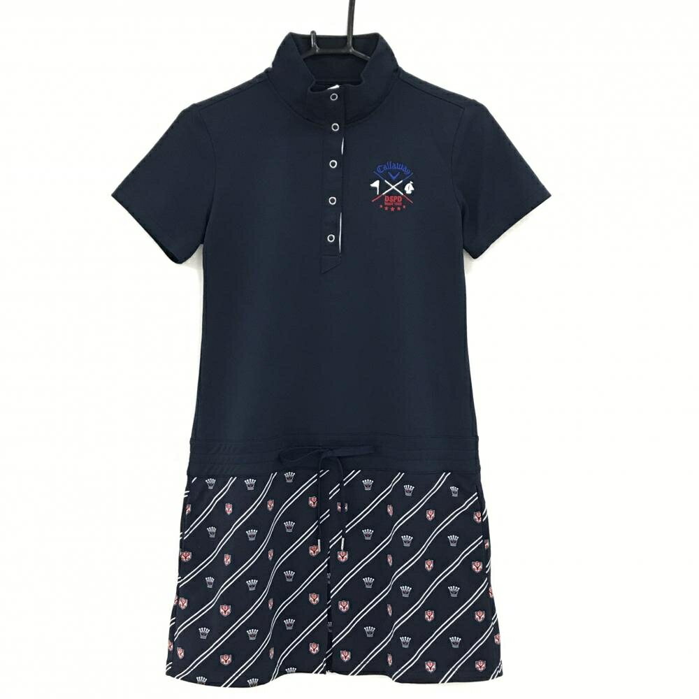 【美品】キャロウェイ 半袖ハイネックワンピース ネイビー×白 スカート部斜めストライプ調 レディース M ゴルフウェア Callaway