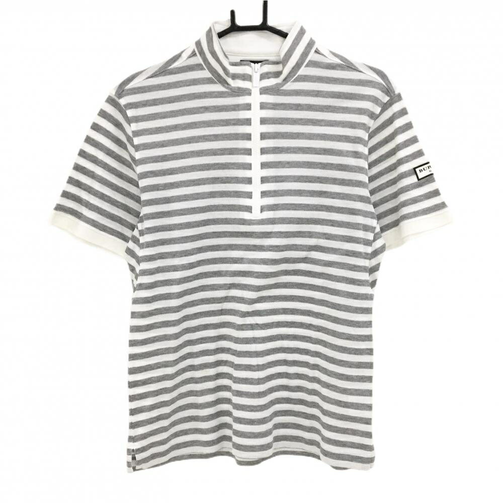 BURBERRY Golf - 【美品】バーバリーゴルフ 半袖ハイネックシャツ 白×グレー ボーダー ハーフジップ メンズ 3(L) ゴルフウェア BURBERRY GOLF