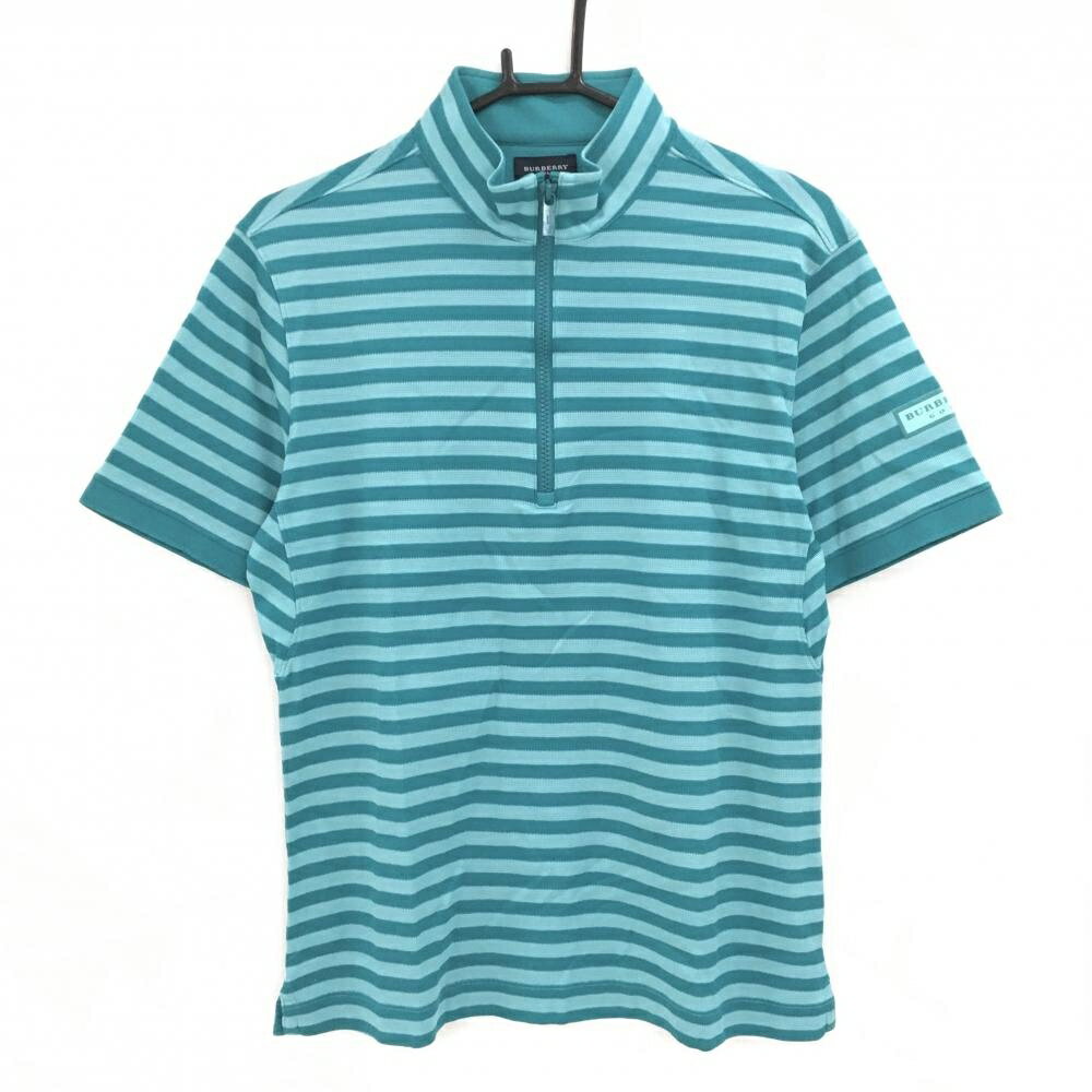 BURBERRY Golf - 【超美品】バーバリーゴルフ 半袖ハイネックシャツ ブルーグリーン系 ボーダー ハーフジップ メンズ 3(L) ゴルフウェア BURBERRY GOLF