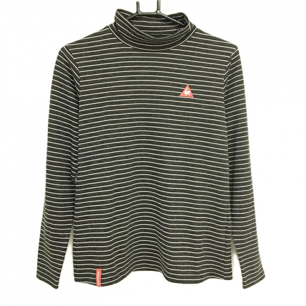 【超美品】ルコックゴルフ 長袖ハイネックシャツ 杢ダークグレー×白 ボーダー ロゴ刺しゅう レディース L ゴルフウェア le coq sportif