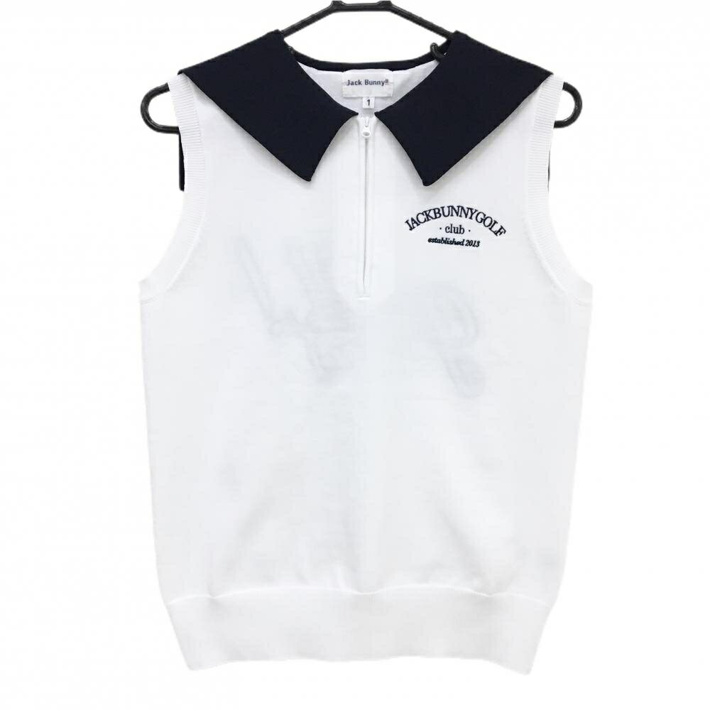 【超美品】ジャックバニー ノースリーブニットポロシャツ 白×ネイビー セーラー襟 レディース 1(M) ゴルフウェア 2024年モデル Jack Bunny(4.0)