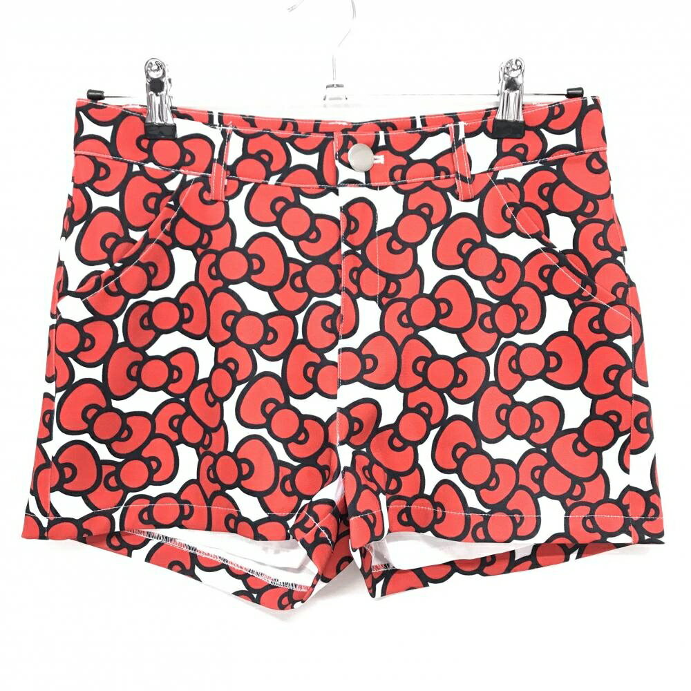 【超美品】キスオンザグリーン×ハローキティ ショートパンツ レッド×白 リボン総柄 レディース 2(M) ゴルフウェア kiss on the green