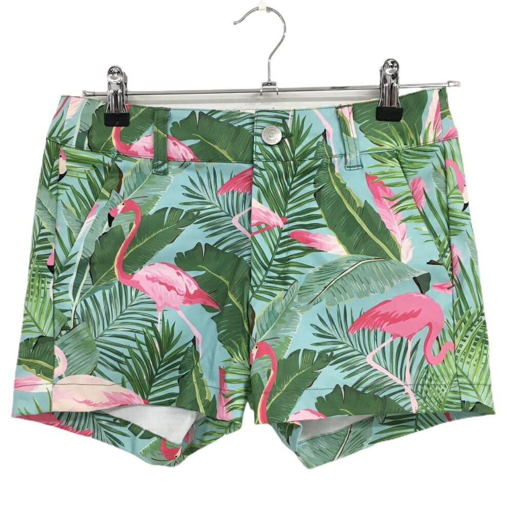 【超美品】ラウドマウス ショートパンツ グリーン×ピンク リーフ・フラミンゴ総柄 レディース M ゴルフウェア LOUDMOUTH