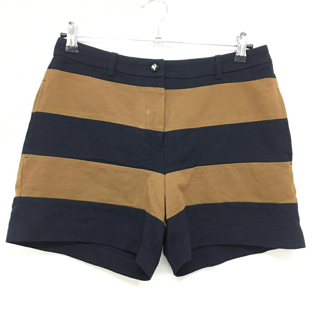 【美品】アルチビオ ショートパンツ ダークネイビー×ブラウン ボーダー 内側インナーパンツ レディース 40(L) ゴルフウェア archivio