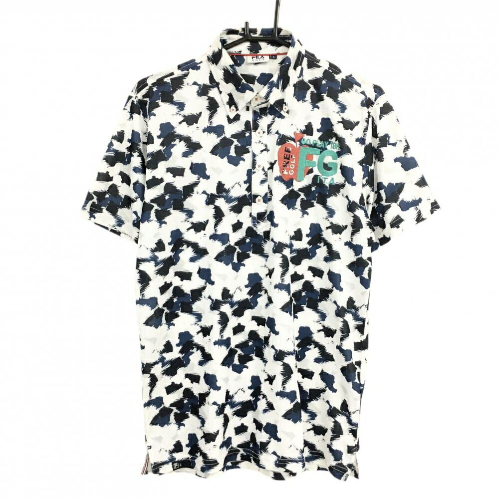 Shirts - フィラゴルフ 半袖ポロシャツ 白×ネイビー 総柄 リンゴワッペン メンズ L ゴルフウェア FILA GOLF