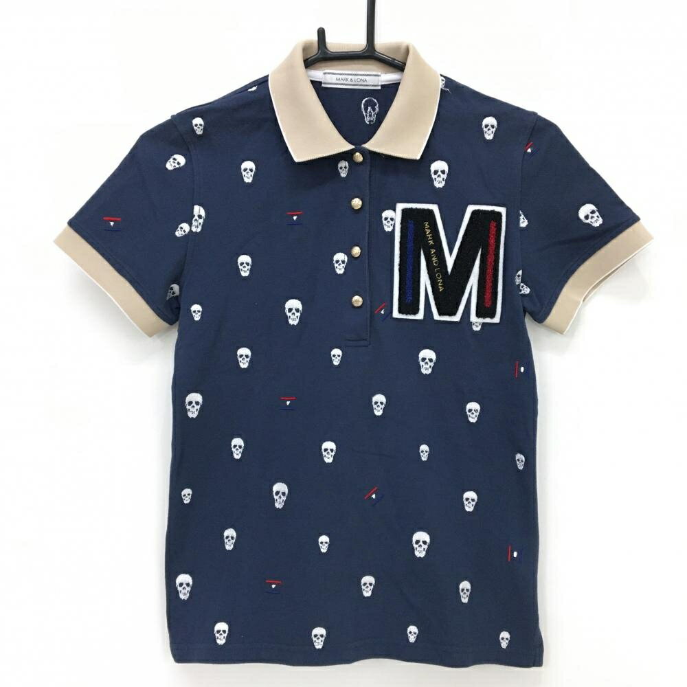 MARK & LONA - マークアンドロナ 半袖ポロシャツ ネイビー×白 スカル刺しゅう総柄 レディース S ゴルフウェア MARK＆LONA