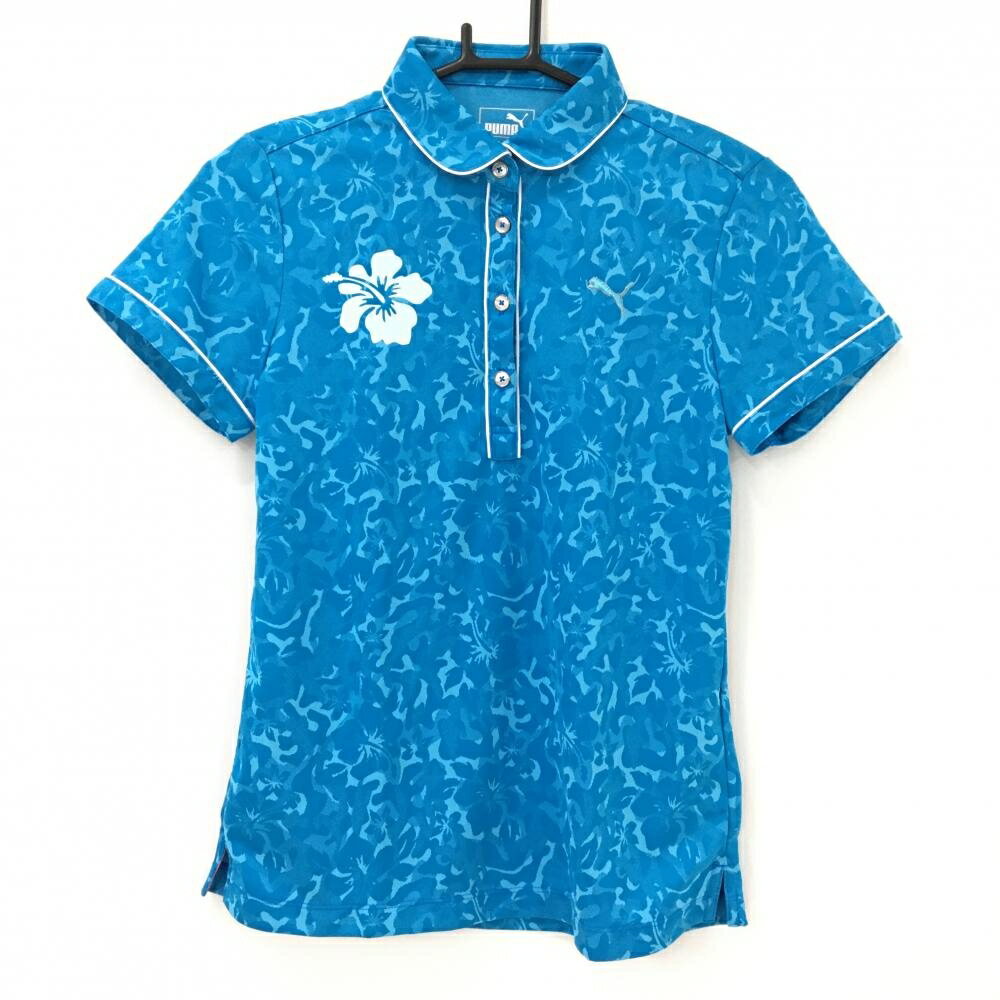 PUMA - 【超美品】プーマ 半袖ポロシャツ ライトブルー 花柄地模様 ハイビスカス レディース L ゴルフウェア PUMA