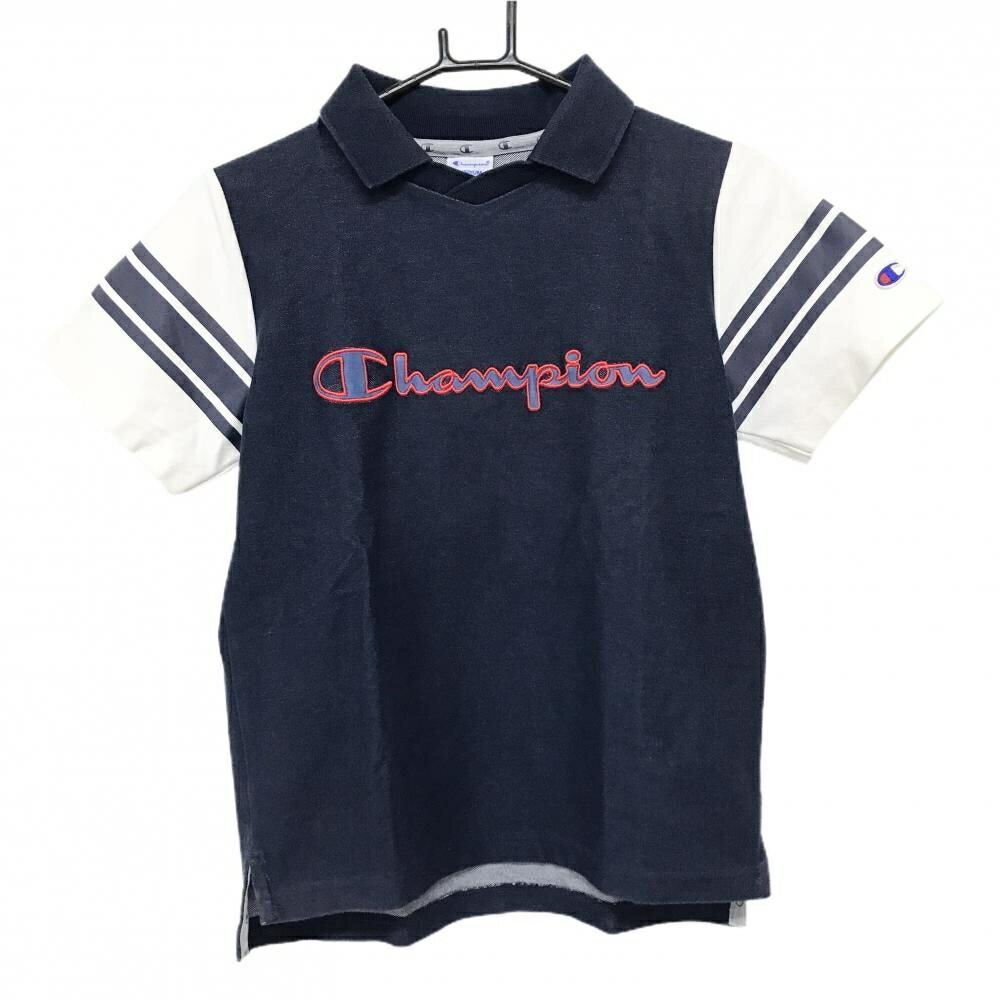 チャンピオン 襟付き半袖シャツ ネイビー×白 身頃デニム風 ロゴ レディース MEDIUM ゴルフウェア Champion(4.0)