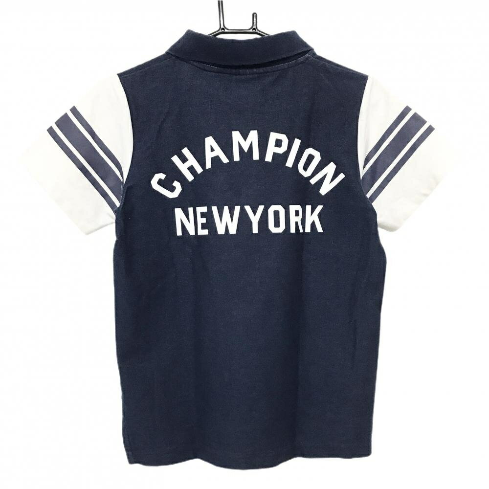 チャンピオン 襟付き半袖シャツ ネイビー×白 身頃デニム風 ロゴ レディース MEDIUM ゴルフウェア Champion