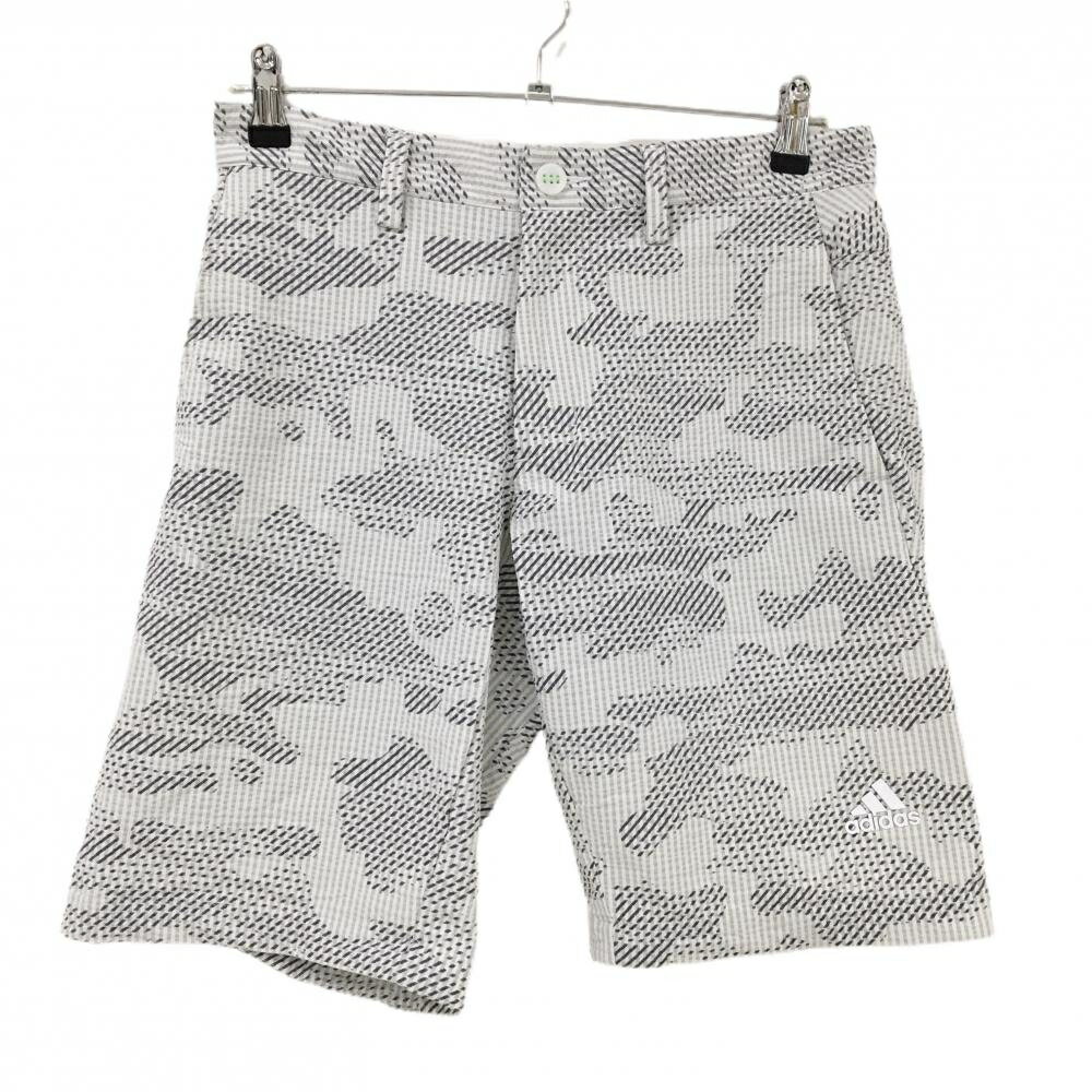 ADIDAS - 【美品】アディダス ハーフパンツ 白×グレー 総柄 ストライプ サッカー生地 ストレッチ メンズ M ゴルフウェア adidas