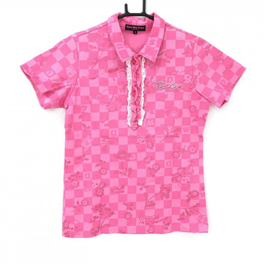 【美品】ダンスウィズドラゴン 半袖ポロシャツ ピンク系 総柄 スカル 花 チェック レディース 2(M) ゴルフウェア Dance With Dragon(4.0)