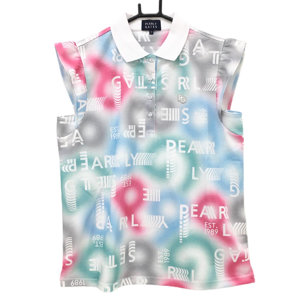 PEARLY GATES - 【新品】パーリーゲイツ ノースリーブポロシャツ マルチカラー×白 ロゴ英字総柄 レディース 1(M) ゴルフウェア PEARLY GATES