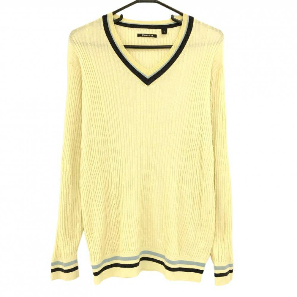 Sweater - アシュワース セーター ライトイエロー系×ネイビー×ライトブルー 袖ロゴ 裾ライン シルク混 Vネック メンズ O ゴルフウェア ASHWORTH