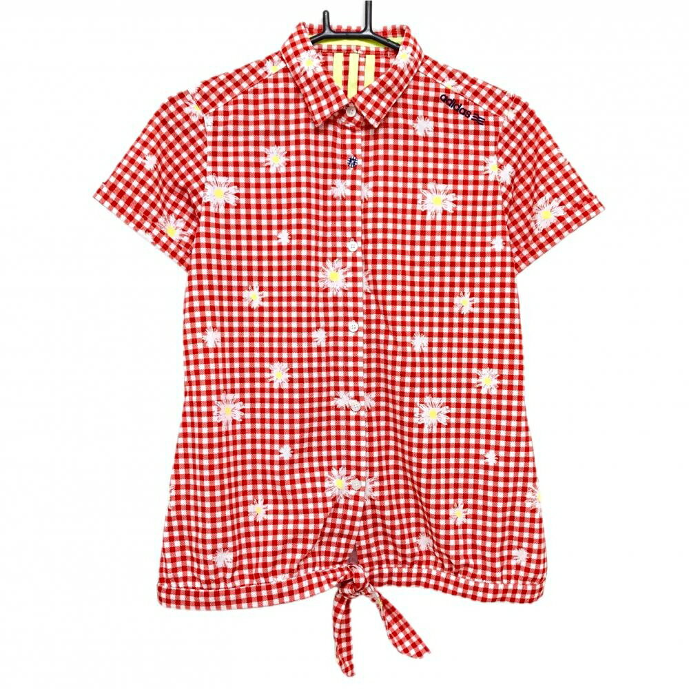 ADIDAS - 【超美品】アディダス 半袖シャツ 白×レッド チェック柄 花柄 肩ロゴ 裾リボン レディース L/G ゴルフウェア adidas