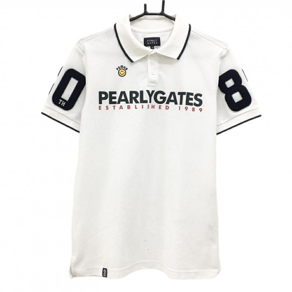 Untitled Sport - パーリーゲイツ 半袖ポロシャツ 白×ネイビー ビッグロゴ ニコちゃん スマイル 30周年 メンズ 5(L) ゴルフウェア PEARLY GATES