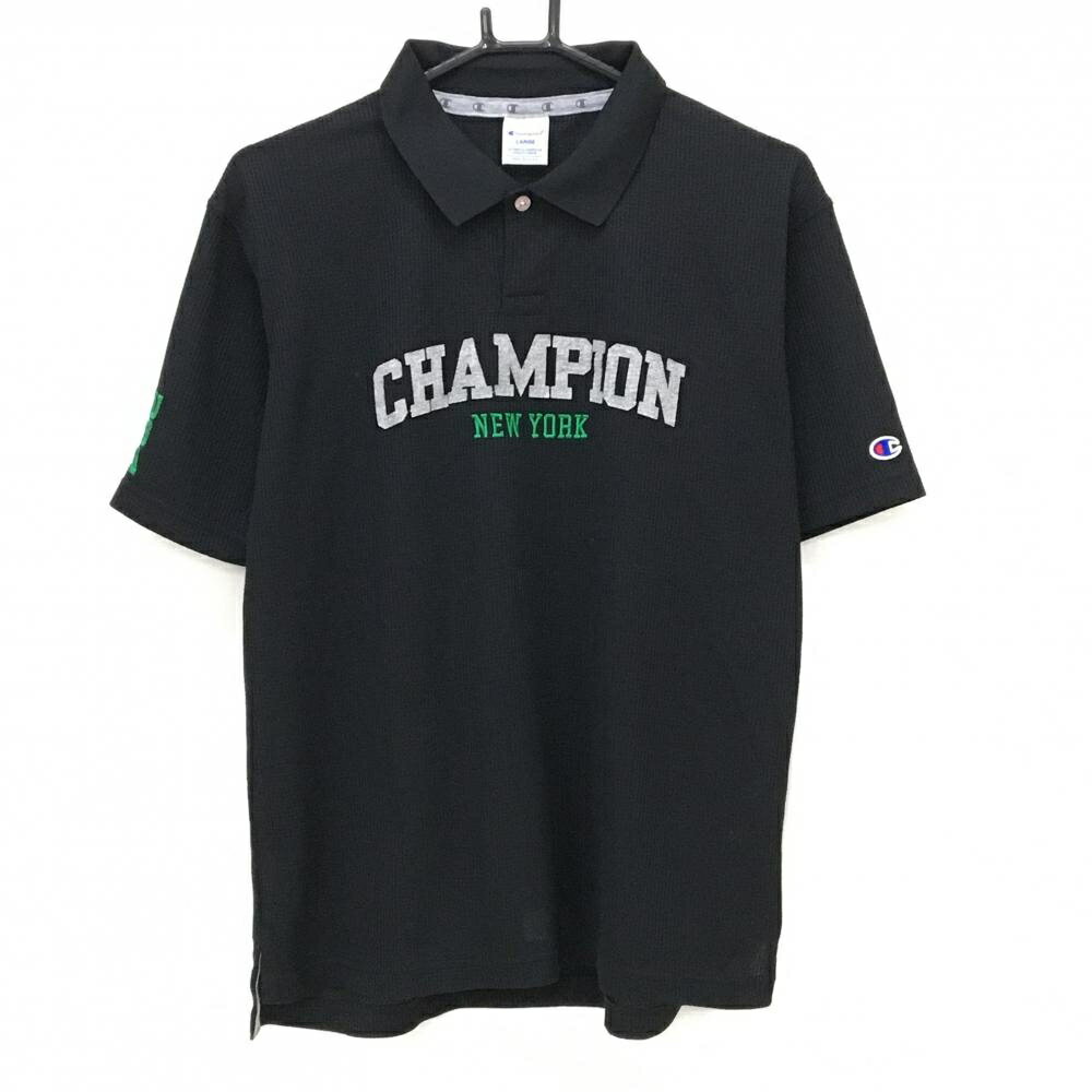【超美品】チャンピオン 半袖ポロシャツ 黒 ワッフル生地調 ロゴグレー メンズ L ゴルフウェア Champion