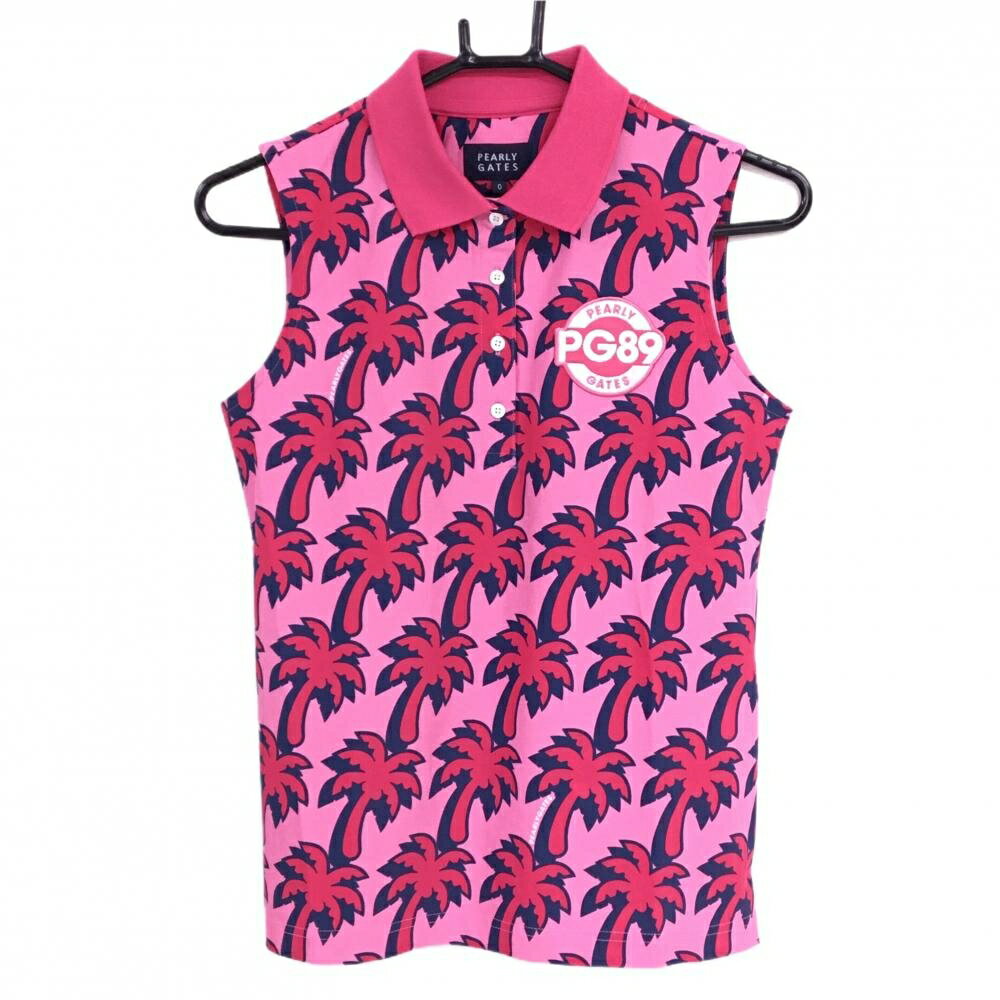 【新品】パーリーゲイツ 半袖ポロシャツ ピンク×レッド ヤシの木柄 レディース 0(S) ゴルフウェア PEARLY GATES(4.0)